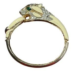 Vintage Panther Head Bypass Bangle Bracelet Gold Tone Enamel Rhinestone Green Ey